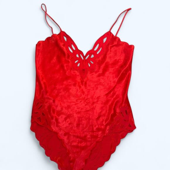 Vintage Natori Red Satin Scalloped Bodysuit Lace Sexy Coquette Flirty Glam Small - Picture 2 of 10